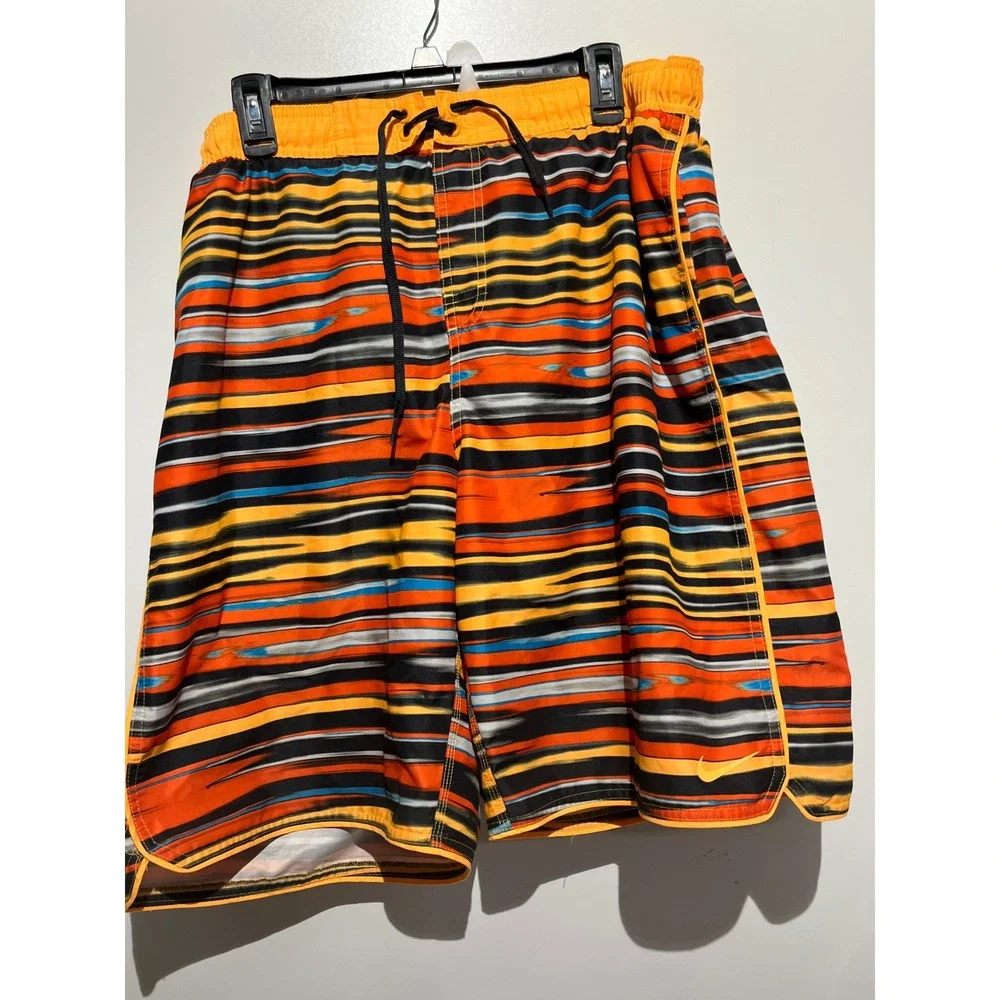 Nike Swim Trunks Board Shorts XXL Mens Orange Yellow Blue Abstract Stripe Mesh